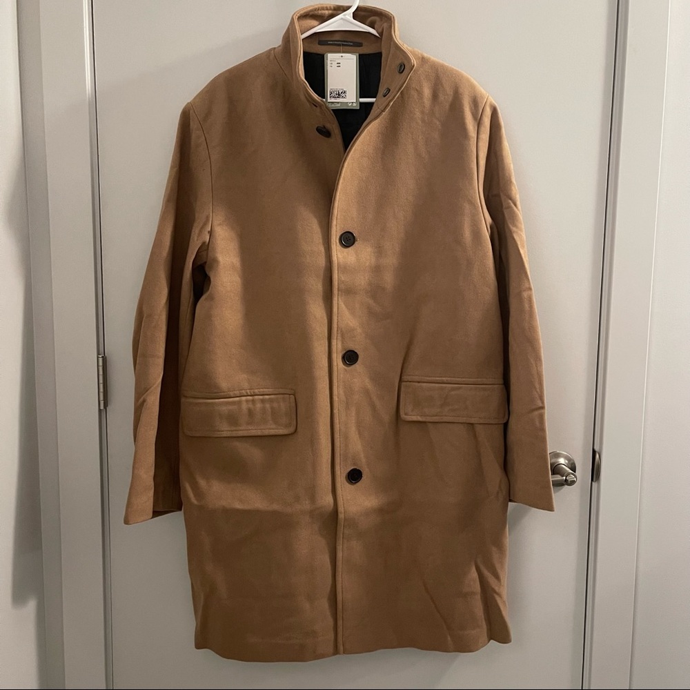 H&M Beige Wool Blended Funnel Collar Coat for Men
